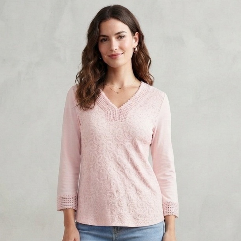 Tantrums Pink Lace Front Pom Pom Trim V-Neck 3/4 Sleeve Blouse Top Medium